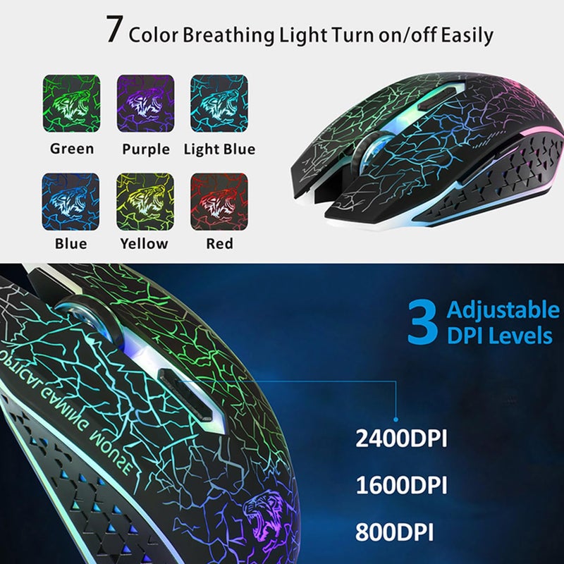 TENMOS M2 Wireless Gaming Mouse, Silent Rechargeable Optical USB Computer Mice Wireless with 7 Color LED Light, Ergonomic Design, 3 Adjustable DPI Compatible with Laptop/PC/Notebook, 6 Buttons (Black) - Image 3